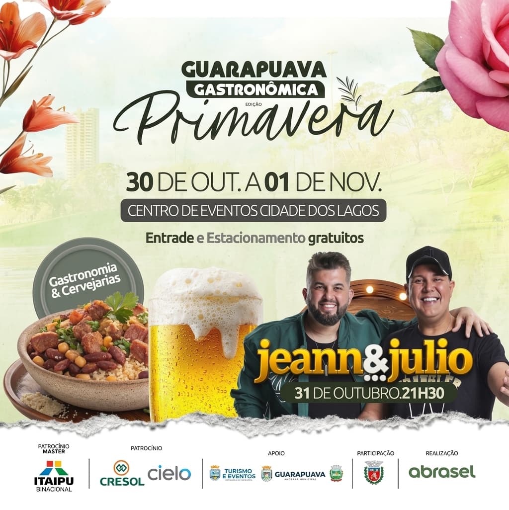 Arte de divulgação da Guarapuava Gastronômica edição Primavera, de 30 de outubro a 1º de novembro, com show de Jeann e Julio